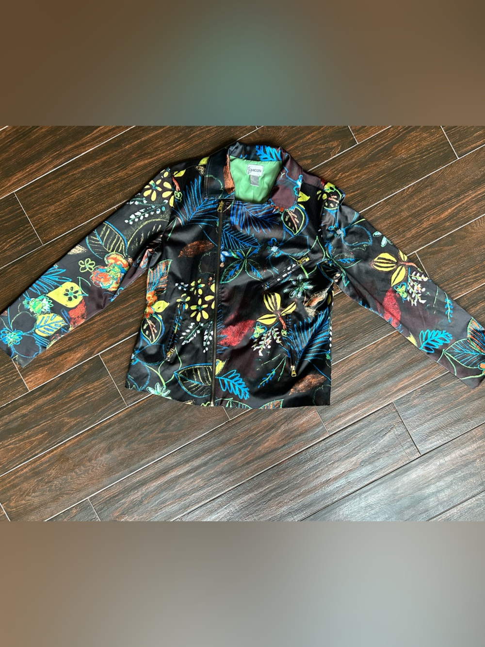 Chico's Black Floral Print Moto Jacket with Assymetrical Full Zip Size 1